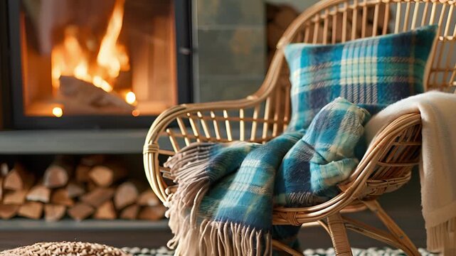A charming corner by the fire with a vintage rattan chair and a cozy plaid blanket in shades of blue and green.