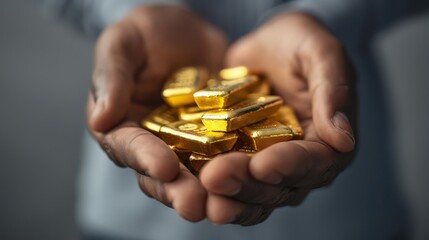 Close-up of hands holding shiny gold bars, symbolizing wealth, prosperity, and luxury in an elegant display.