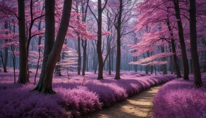 Enchanting Purple Forest Path. with copy space for text