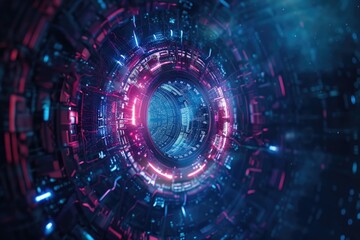 Obraz premium A futuristic tunnel lit by blue and pink lights