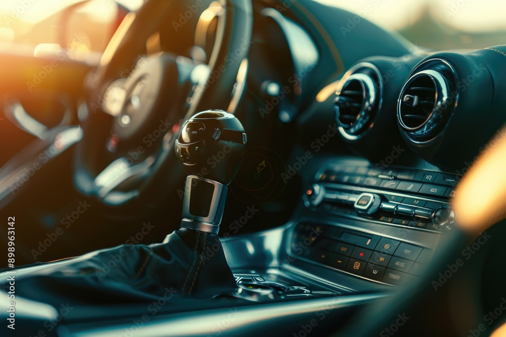 Poster A close-up view of a car's dashboard showing the gear stick and surrounding details