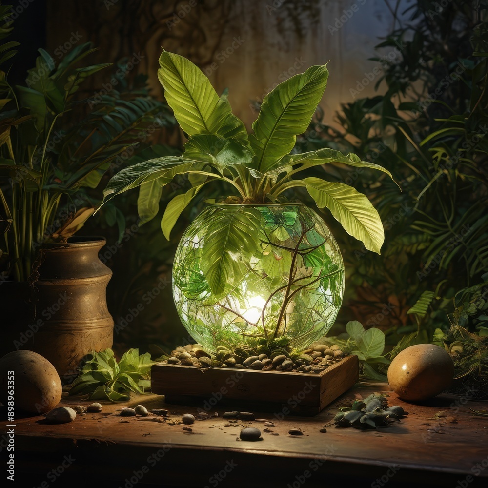 Sticker Illuminated Terrarium with Green Plants and Stones. with copy space for text