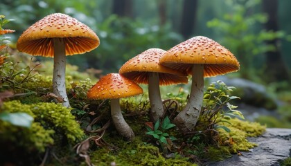 Fototapeta premium Orange Mushrooms in Forest with Moss. with copy space for text