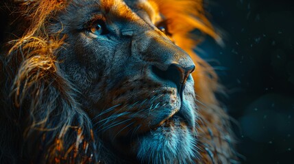 Portrait of a powerful male lion with piercing eyes and flowing mane, showcasing the beauty and strength of wildlife