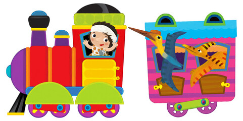Cartoon funny looking colorful wagon with dino dinosaur animal lizard and caveman conductor isolated illustration for children