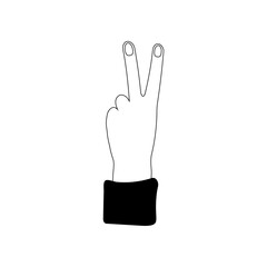 Peace hand gesture icon isolated on white background. Line hand drawn black and white vector illustration
