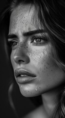 Fototapeta premium A close-up of someone's face peering out from a deeply sad expression. Someone with introspective and melancholic eyes.