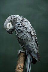 Obraz premium Close-up of an African Grey parrot on the tip of a branch. African Grey parrot in soft tones and white spots around the eyes.
