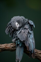 Obraz premium Close-up of an African Grey parrot on the tip of a branch. African Grey parrot in soft tones and white spots around the eyes.