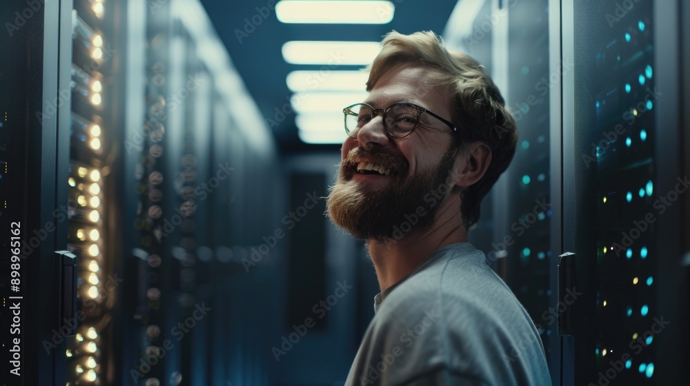 Poster a person with a beard and glasses working in a server room