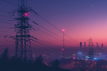 Urban landscape at night with power lines in focus
