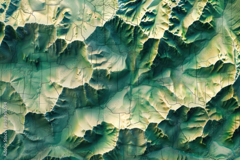 Poster A detailed view of a mountain range on a map, ideal for use in outdoor or adventure-themed projects