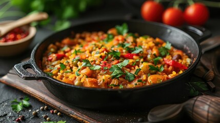 a pan of food with vegetables and a spoon on a table