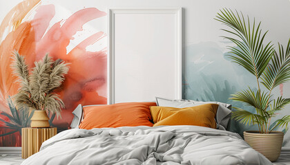 Contemporary hotel room with abstract decor with empty frame