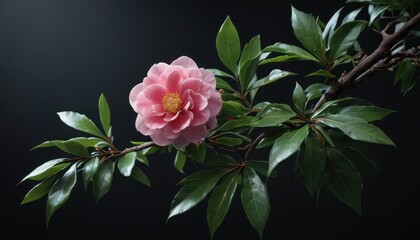 Delicate Pink Camellia Blossom: A single pink camellia flower blooms gracefully on a branch, its petals unfurling against a dramatic black background. The soft light illuminates the flower's intricate