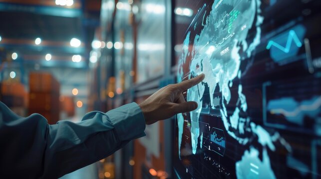 Businessman holding virtual interface panel showcasing global logistics network and smart transportation systems.