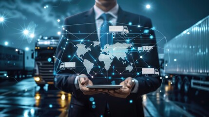 Businessman holding virtual interface panel showcasing global logistics network and smart transportation concept.