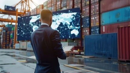Fototapeta premium Businessman presenting virtual interface of global logistics network distribution, highlighting smart delivery.