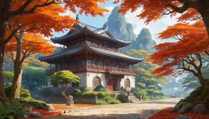 Fototapeta premium Traditional Japanese Temple with Autumn Foliage.
