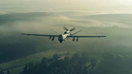 Fototapeta premium A plane flies over a dense forest with tall trees and greenery