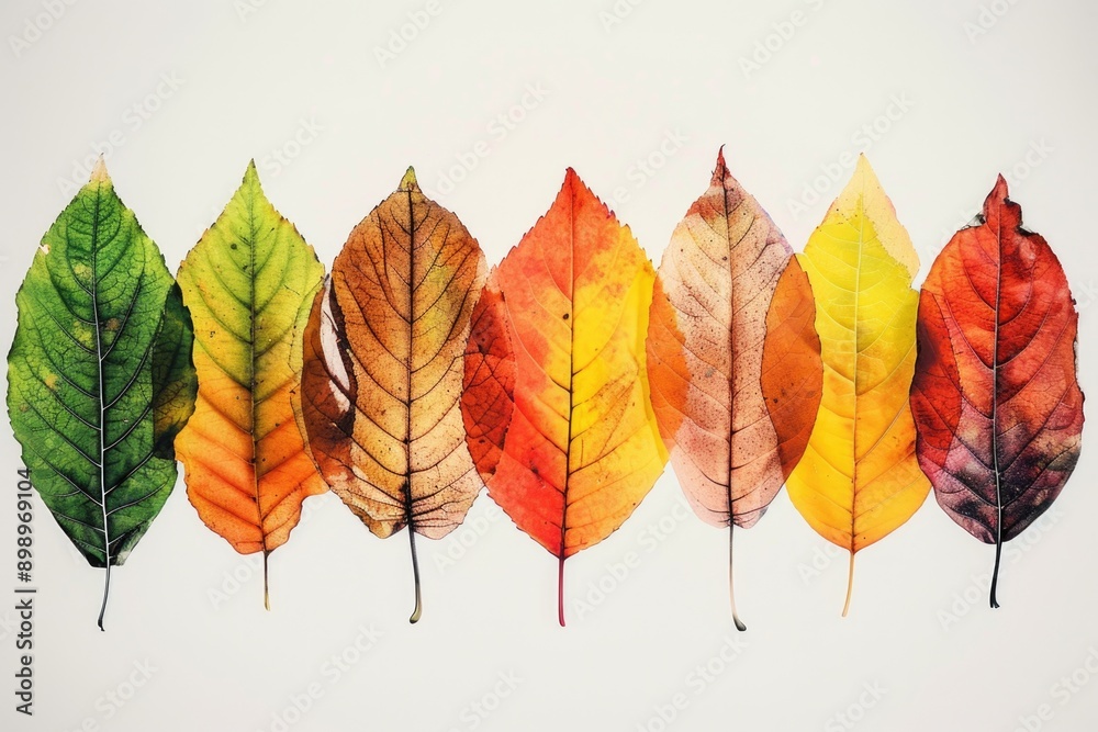 Poster a collection of different colored leaves arranged on a white surface