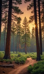 Obraz premium Sunbeams Through the Pines. with copy space for text