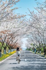 Obraz premium A person cycling on a peaceful road surrounded by trees, ideal for use in travel or outdoor lifestyle photography