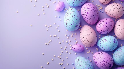 a close up of a bunch of eggs with sprinkles on a purple surface