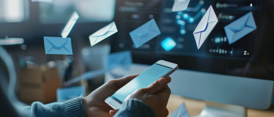 Close up of hands using a mobile phone and laptop to create an email campaign, with envelopes flying out from the screen in the style of digital post