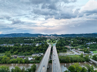 Aerial View of Downtown Asheville Highways. North Carolina drone view of the city