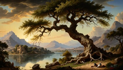 Majestic Tree by a Lake in a Mountainous Landscape.