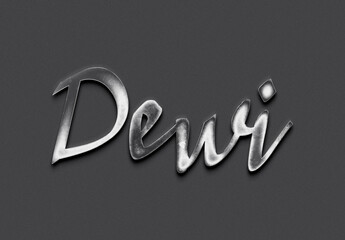 Chrome metal 3D Indonesian name design of Dewi on grey background.