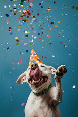 Dog Celebrating Birthday in Party Hat with Confetti
