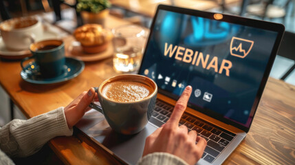 A woman is typing on her laptop with the words "WEBINAR"