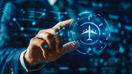 Businessman navigating transparent futuristic interface with airplane using fingertip.	