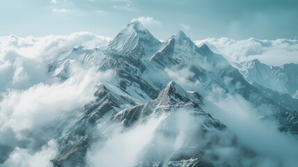 A majestic mountain peak covered in thick snow and surrounded by cloudy skies