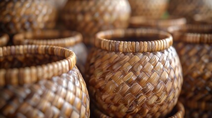 Obraz premium Many round wicker baskets with woven patterns are stacked together, forming a beautiful display of traditional craftsmanship
