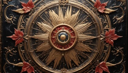 Obraz premium Ornate Gold and Red Sunburst Design.