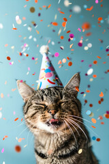 Cat Celebrating Birthday in Party Hat with Confetti