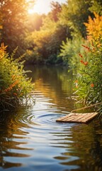 Naklejka premium Wooden Plank Floating on Calm Water with Sunlight and Green Foliage. with copy space for text