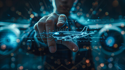Businessman engaging with a digital holographic interface featuring an airplane, symbolizing aviation technology and innovation in the aviation industry. Futuristic and tech-driven.