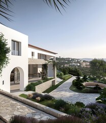 Obraz premium Modern Villa with Stone Pathway and Lush Greenery