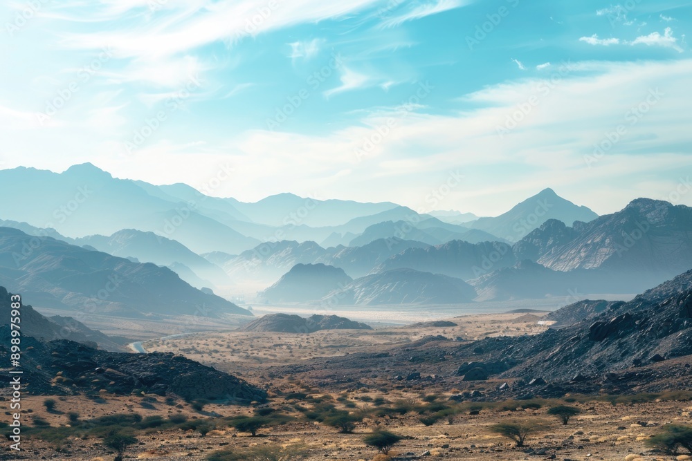 Poster A distant view of a mountain range with peaks and valleys visible