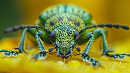 Naklejka premium Green beetle with black dots standing on a yellow flower with blurred yellow background