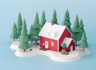 Red House With Snowy Roof In Winter Forest