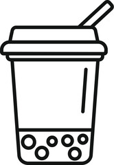 Black and white line art of a bubble tea cup with a straw, showing the boba pearls at the bottom