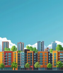 Modern Cityscape With Blue Sky And Green Trees