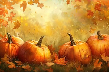 Naklejka premium A group of pumpkins sit atop a pile of fallen leaves, ideal for autumnal or harvest-themed compositions