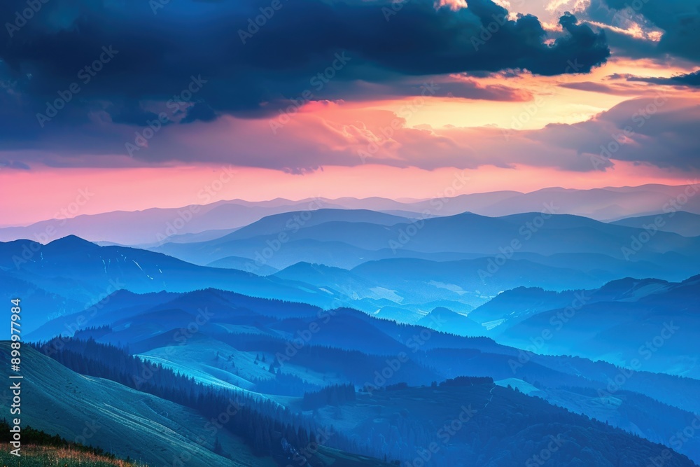 Poster a scenic view of a mountain range at sunset with warm colors and misty atmosphere