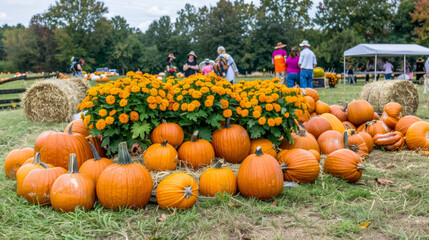 A lively pumpkin festival featuring a giant pumpkin contest, pumpkin carving stations, and food stalls. Bales of hay, scarecrows, fall flowers, and various pumpkins create a warm autumn scene..